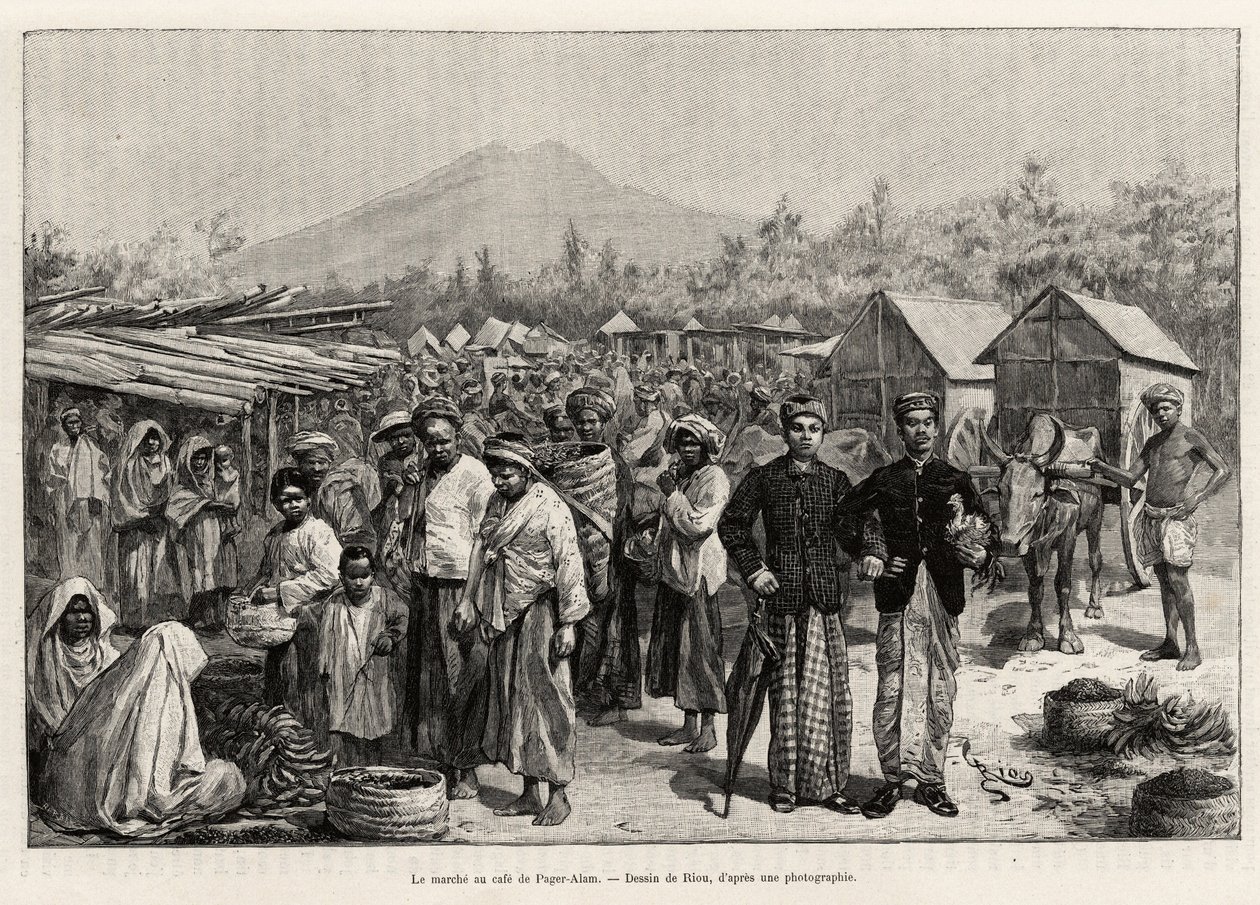 السير في مقهى بيجر علم (ماليزيا). نقش ريو لتوضيح قصة "عام في ماليزيا" ، بقلم جول كلاين (1856-1939) بواسطة إدوارد ريو