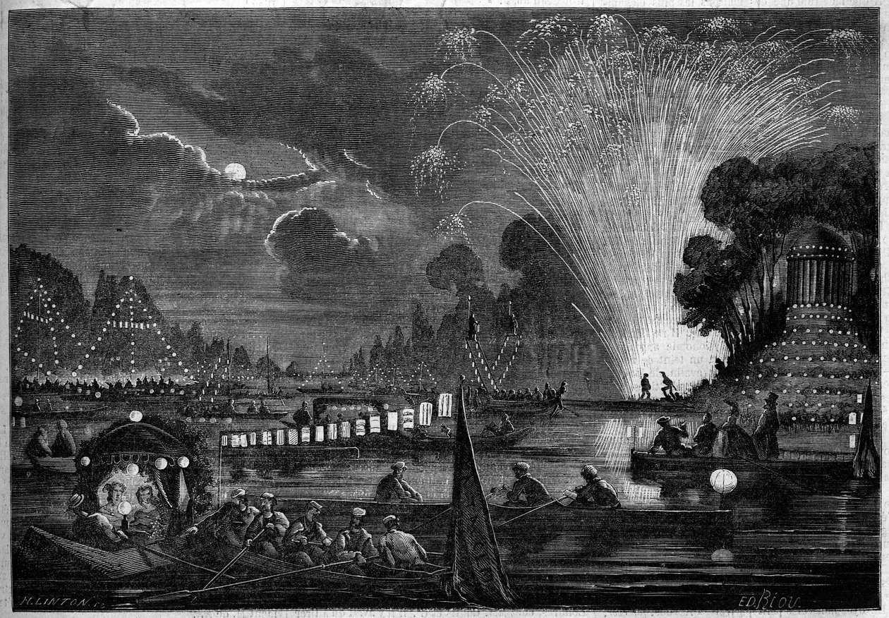 عيد البندقية في نويي الذي أُعطي لمنفعة الفقراء في عام 1858. نقش ريو في "" Le Monde Illustré "" رقم 77 بتاريخ 2 أكتوبر 1858. بواسطة إدوارد ريو