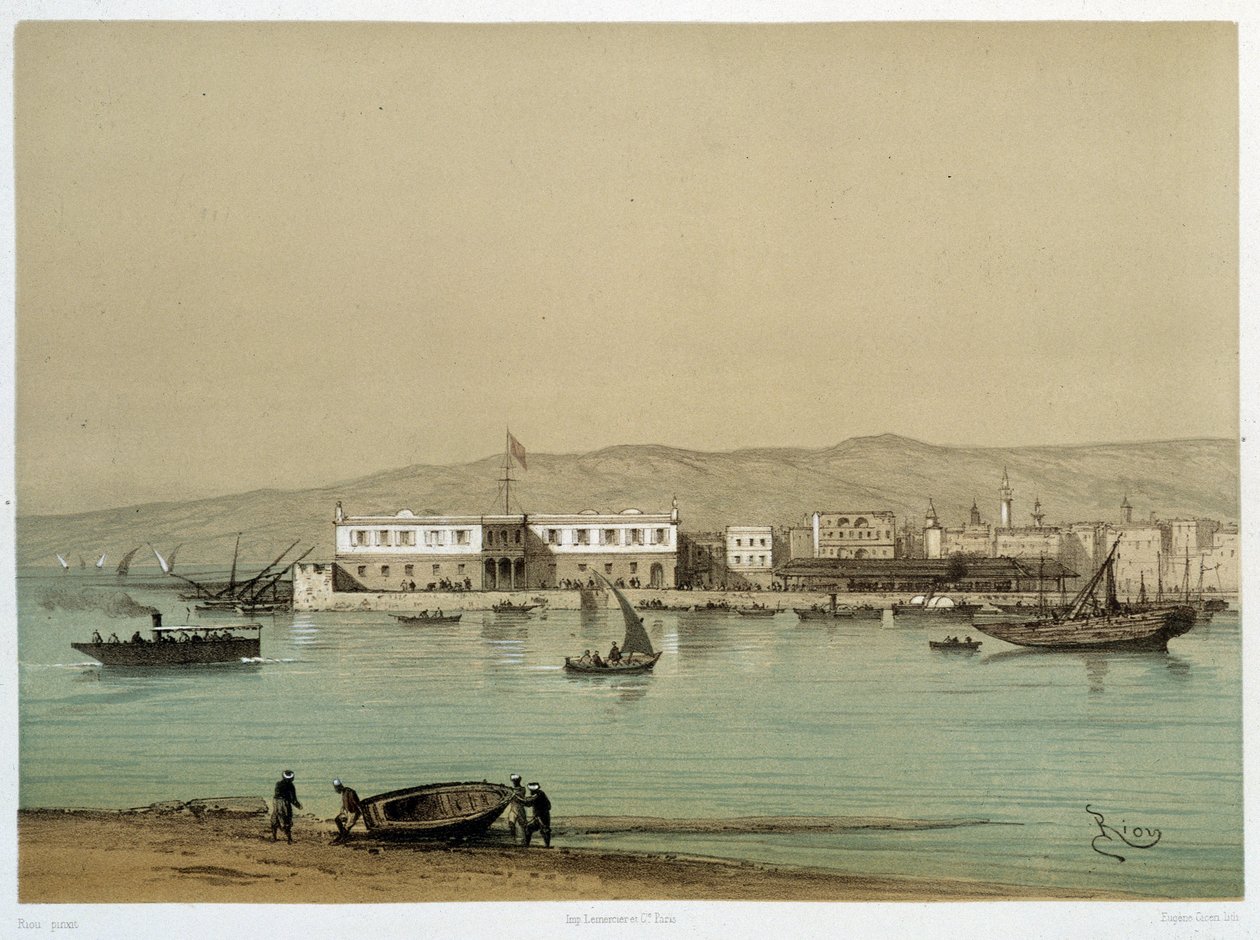 منظر للقناة في "" افتتاح قناة السويس بواسطة ج. نيكول. 1869 بواسطة إدوارد ريو