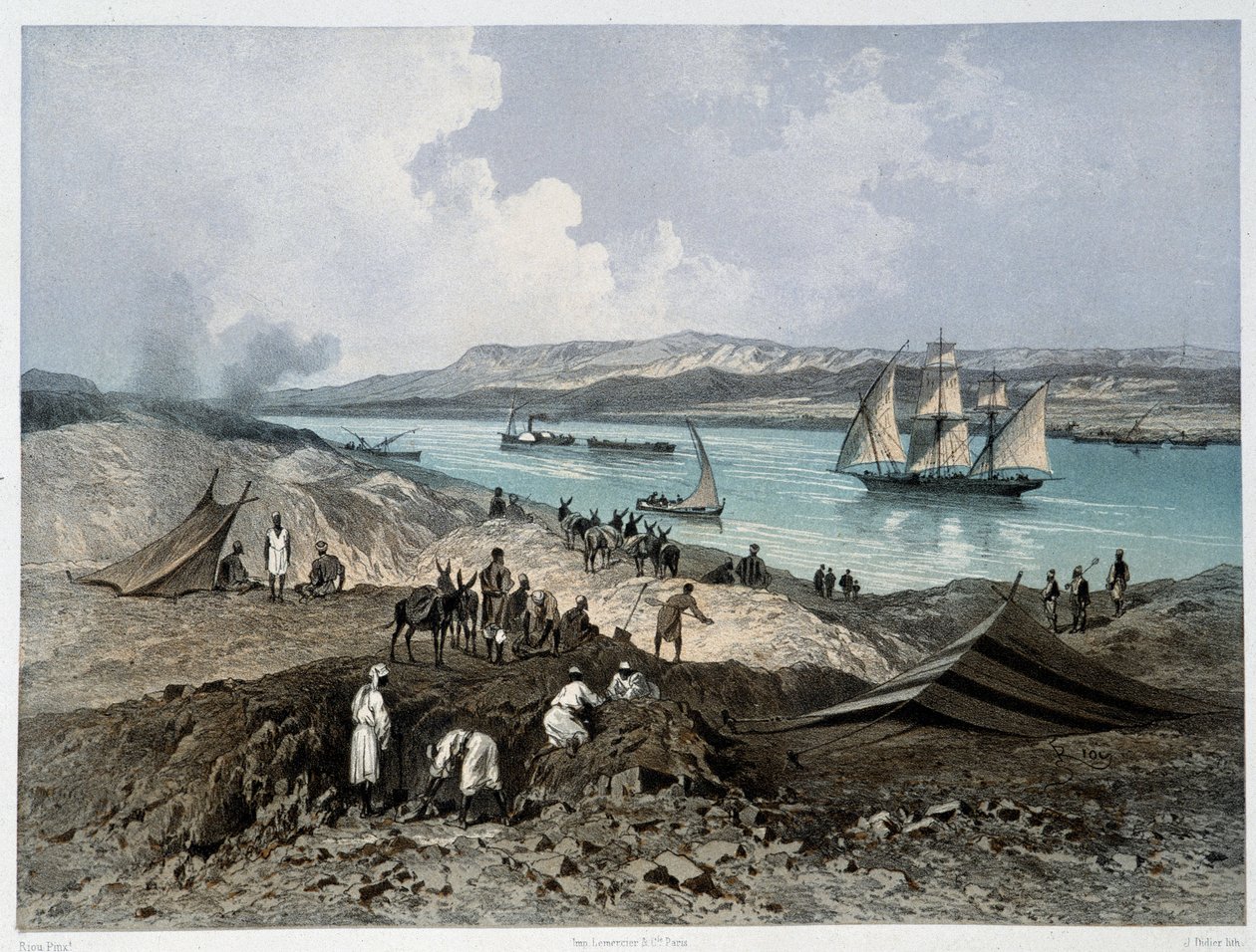 منظر للقناة في "" افتتاح قناة السويس بواسطة ج. نيكول. 1869 بواسطة إدوارد ريو