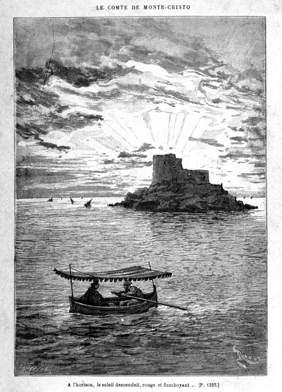 الإبحار إلى الجزيرة - نقش ريو ، في "" Le Comte de Monte-Cristo "بقلم A. Dumas ، محرر. جول روف وسي بواسطة إدوارد ريو