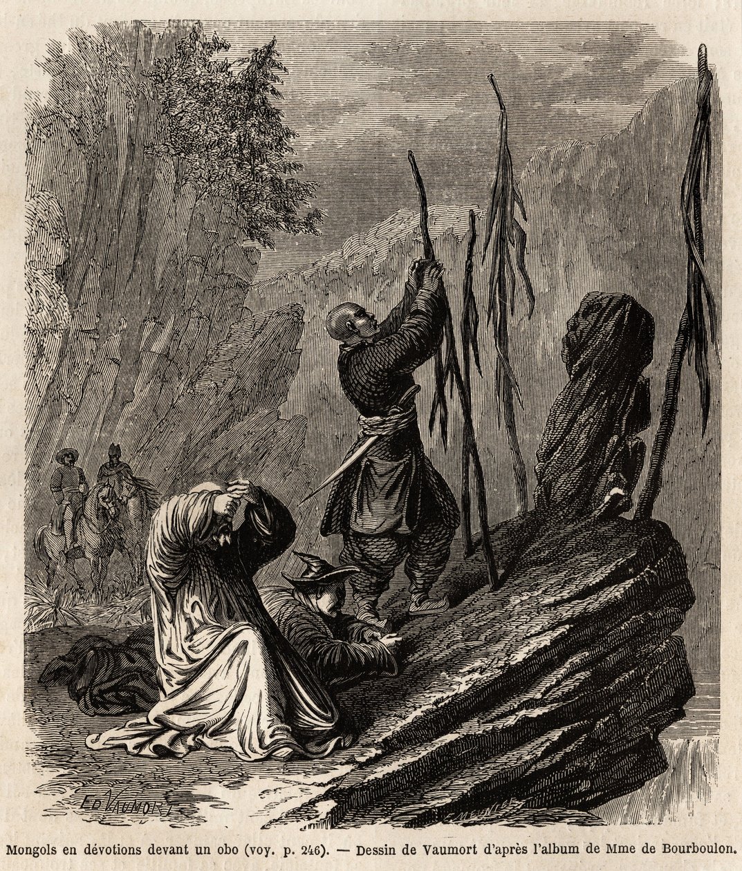 المغول المخلصين لأوبو ، بالقرب من جبال باكا ومنغوليا ، رسمهم فومورت (؟ -1886) لتوضيح رحلة إم. دي بوربولون ، الوزير الفرنسي إلى الصين ، من شنغهاي إلى موسكو ، من 1859 إلى 1862. نقش في "" Le Tour du monde "، تحرير بواسطة إدوارد فومورت