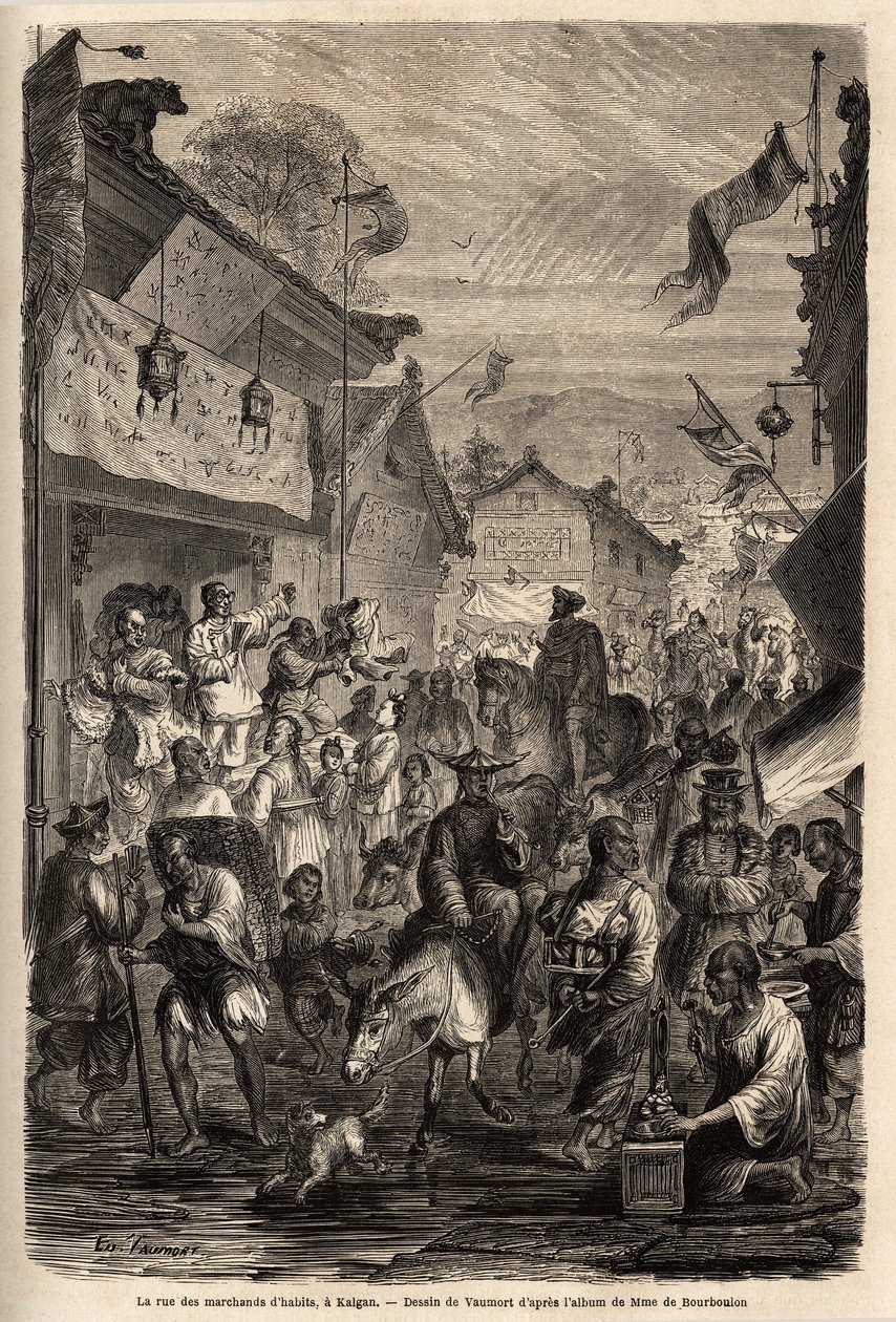 شارع تجار الملابس ، كالغان ، منغوليا. رسم من قبل فومورت (؟ -1886) ، لتوضيح رحلة إم. دي بوربولون ، الوزير الفرنسي إلى الصين ، من شنغهاي إلى موسكو ، من 1859 إلى 1862. نقش في "" Le Tour du monde "، من تحرير Edouard Chart بواسطة إدوارد فومورت