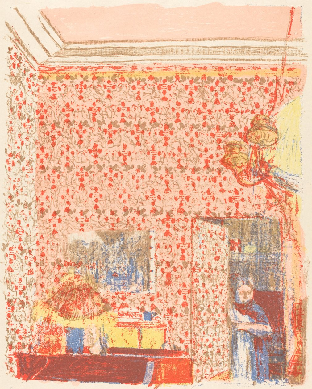 الداخلية مع خلفية الوردي أنا Interieur aux الخيام الورود الأول ، ج. عام 1896 تم نشره عام 1899. بواسطة إدوارد فويلارد