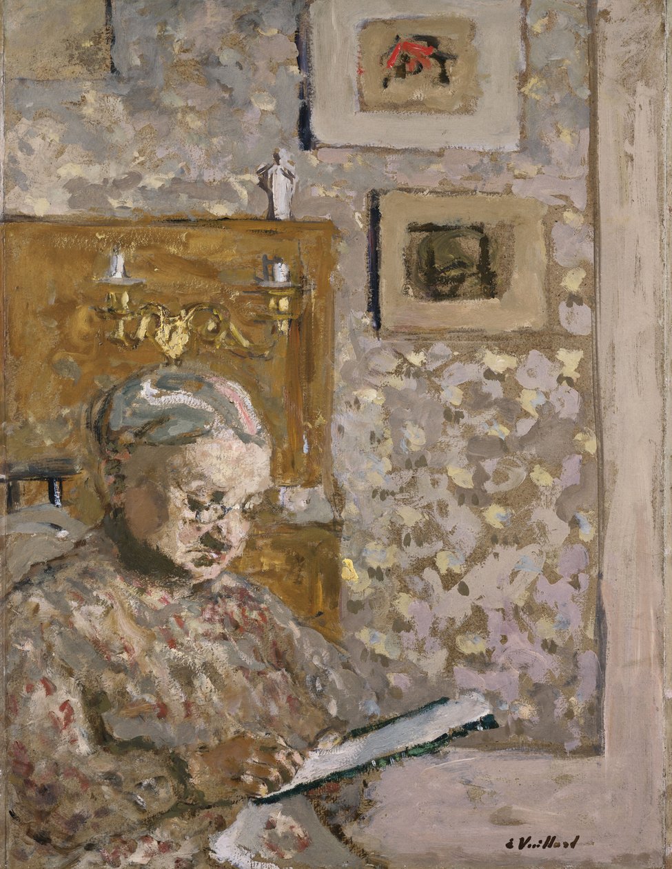 Mme Vuillard مع نسيج ، حوالي 1910 (زيت على اللوح) بواسطة إدوارد فويلارد