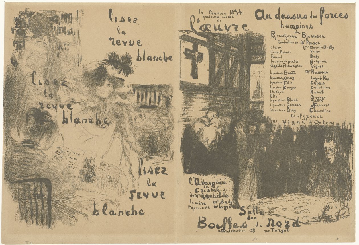 كتيب برنامج الغلاف مع إعلان عن La Revue Blanche والإعلان عن مسرحية Au-dessus des Forces humaines Lisez la Revue blanche Au-dessus des القوات البشرية بواسطة إدوارد فويلارد