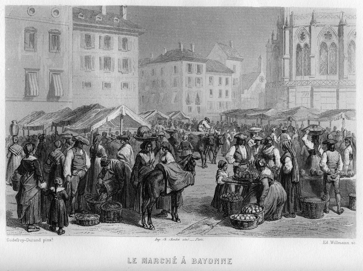 ماركي في بايون ، Pyrenees-Atlantiques (Pyrenees Atlantiques) ، آكيتاين ، فرنسا. نقش ويلمان في "فرنسا القديمة والحديثة" لجان برنارد ماري لافون (جان برنارد ماري لافون) بواسطة إدوارد ويلمان
