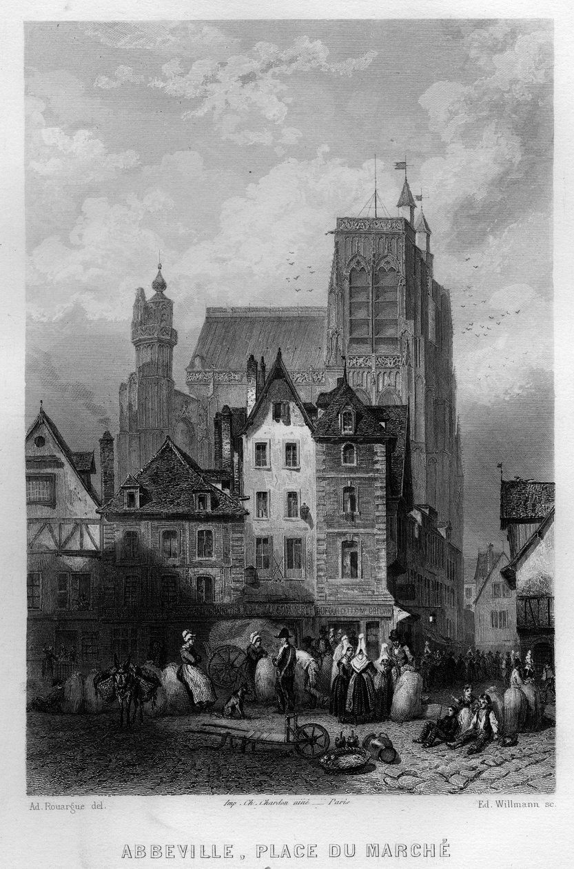 Place du Marche في بلدة Abeville ، Somme ، Picardy ، فرنسا. نقش ويلمان في "فرنسا القديمة والحديثة" لجان برنارد ماري لافون (جان برنارد ماري لافون) بواسطة إدوارد ويلمان