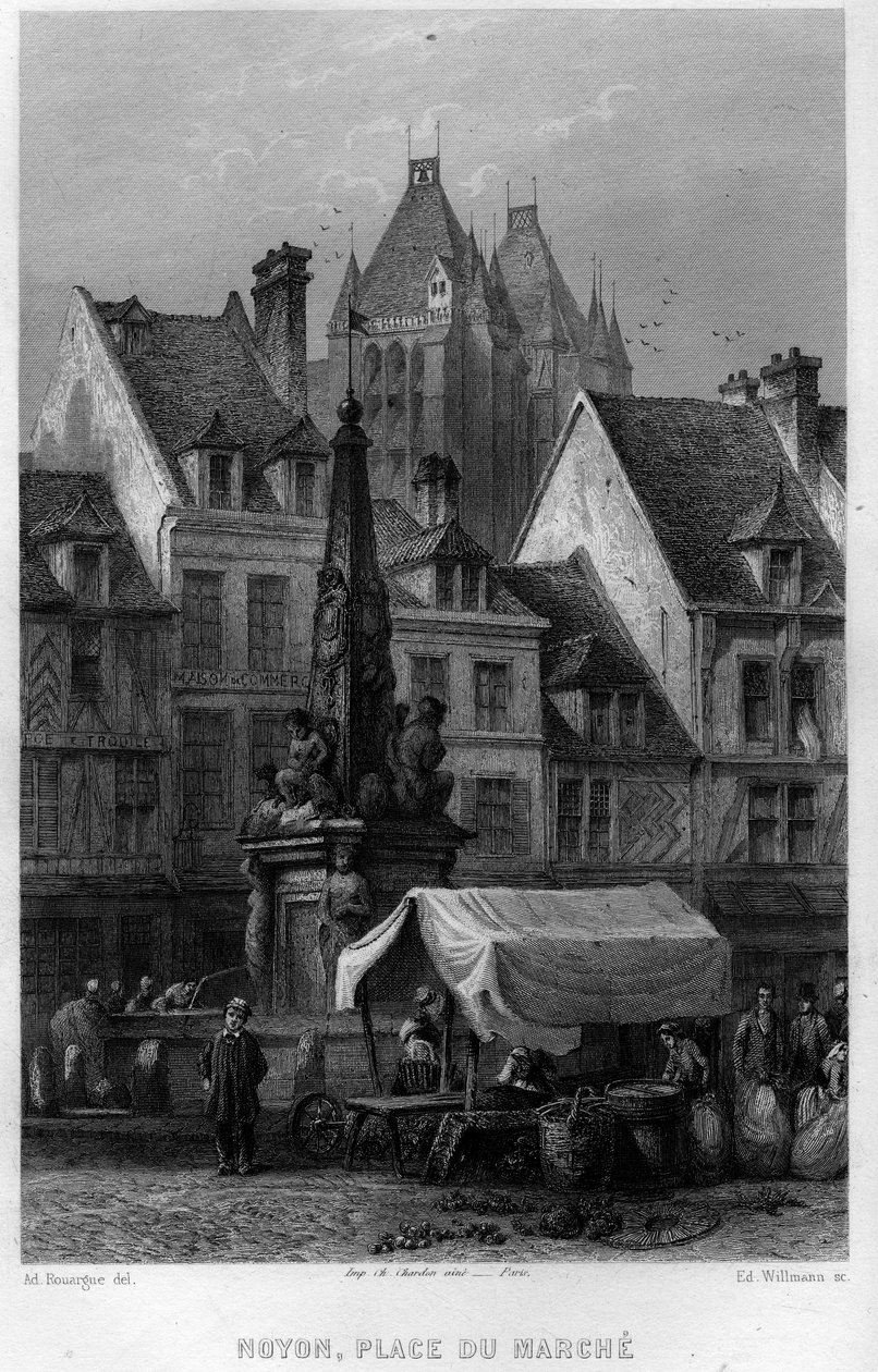 Place du Marche في بلدة Noyon ، Oise ، Picardy ، فرنسا. نقش ويلمان في "فرنسا القديمة والحديثة" لجان برنارد ماري لافون (جان برنارد ماري لافون) بواسطة إدوارد ويلمان