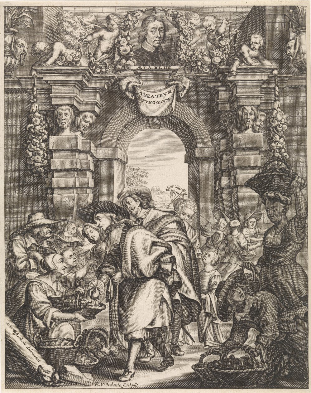 يشتري رجلين الفطر من السوق صورة توضيحية لعنوان: F. van Sterbeeck، Theatrum Fungorum or the tooneel der Campernoelien، 1675 بواسطة إدوارد فان أوردوني