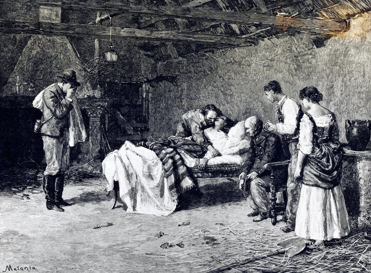 وفاة أنيتا غاريبالدي في مزرعة ماركيز غويشيولي (رسم توضيحي) بواسطة إدواردو ماتانيا