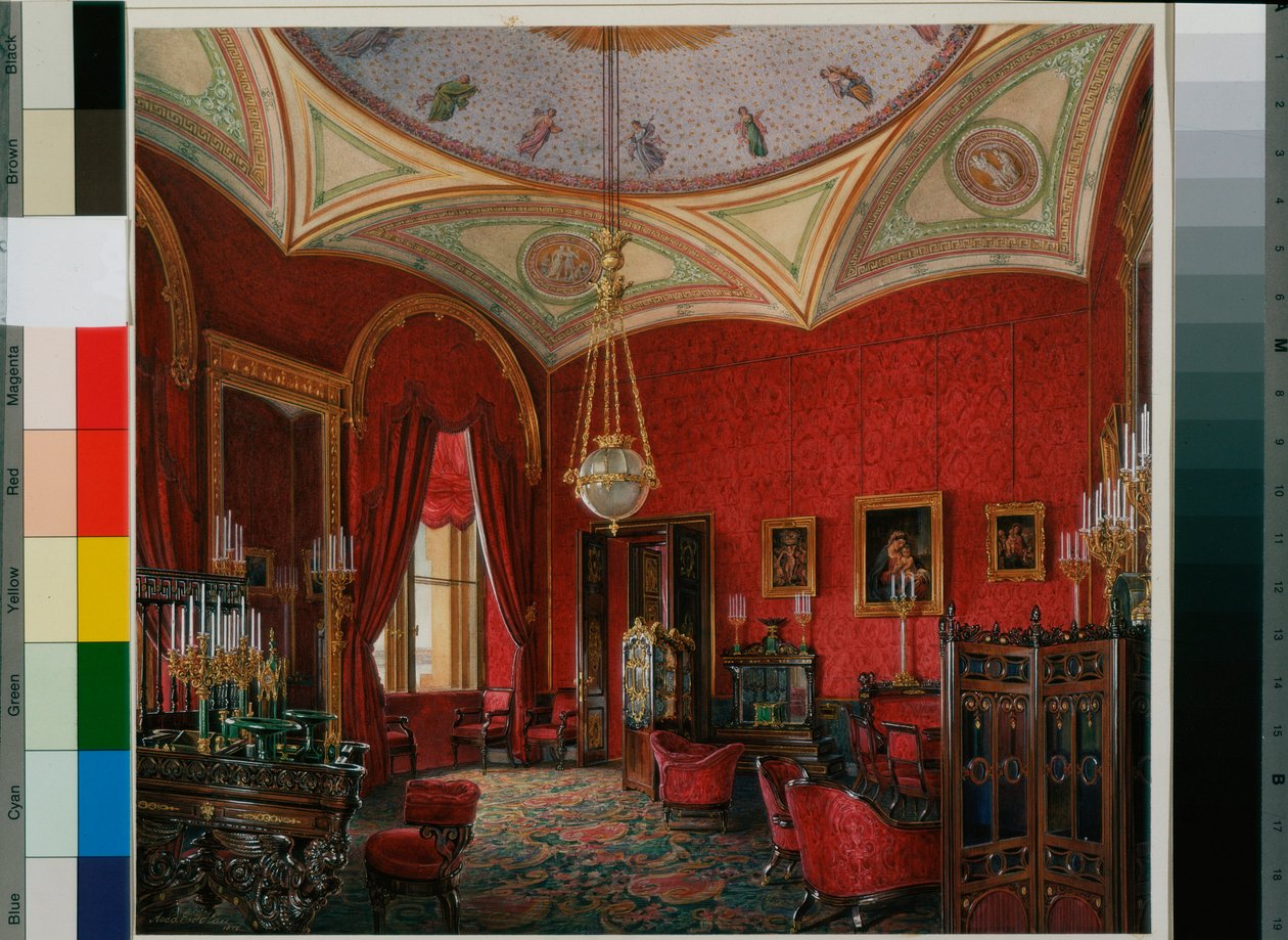 التصميمات الداخلية للقصر الشتوي (Palais d'hiver a Saint Petersbourg): دراسة الإمبراطورة ألكسندرا فيودوروفنا - ألوان مائية على الورق بقلم إدوارد (إدوارد) هاو (1807-1887) - منتصف القرن التاسع عشر - متحف الإرميتاج ، سانت بطرسبرغ بواسطة إدوارد هاو