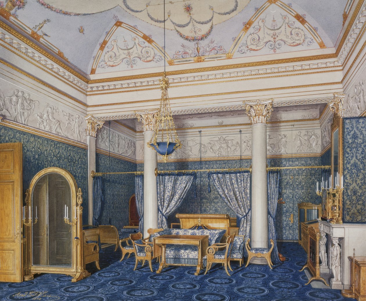 الديكورات الداخلية لقصر الشتاء. حجرة نوم الإمبراطورة ألكسندرا فيودوروفنا ، 1870 بواسطة إدوارد هاو