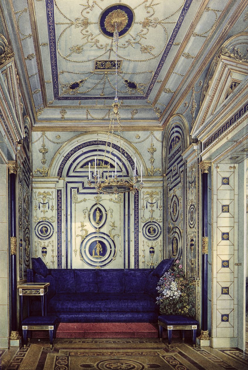 الدراسة الزرقاء في القصر الكبير في تساركوي سيلو ، قبل عام 1840 (مرحاض ، غواش وحبر على ورق) بواسطة إدوارد هاو