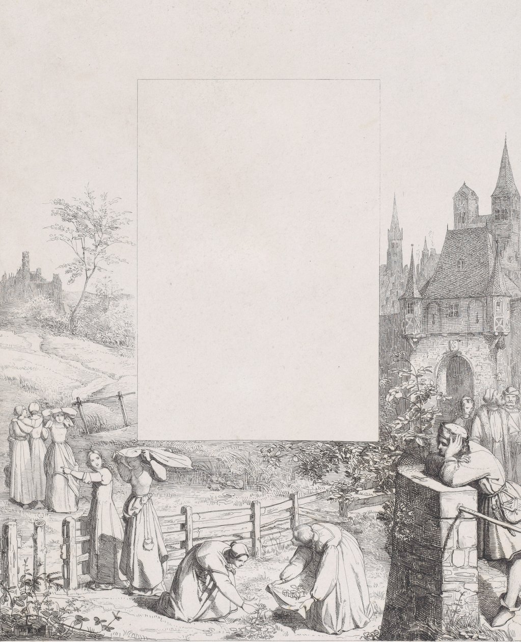 اللوحة 5: نساء يجمعن النباتات ويحملنها فوق رؤوسهن ، ناظر ذكر في ري ... ، 1836. بواسطة إدوارد جوليوس فريدريش بيندمان