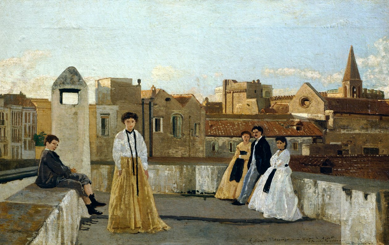 The terrace, by Edoardo Dalbono (1841-1915), oil on panel, 45x30 cm. بواسطة إدواردو دالبونو