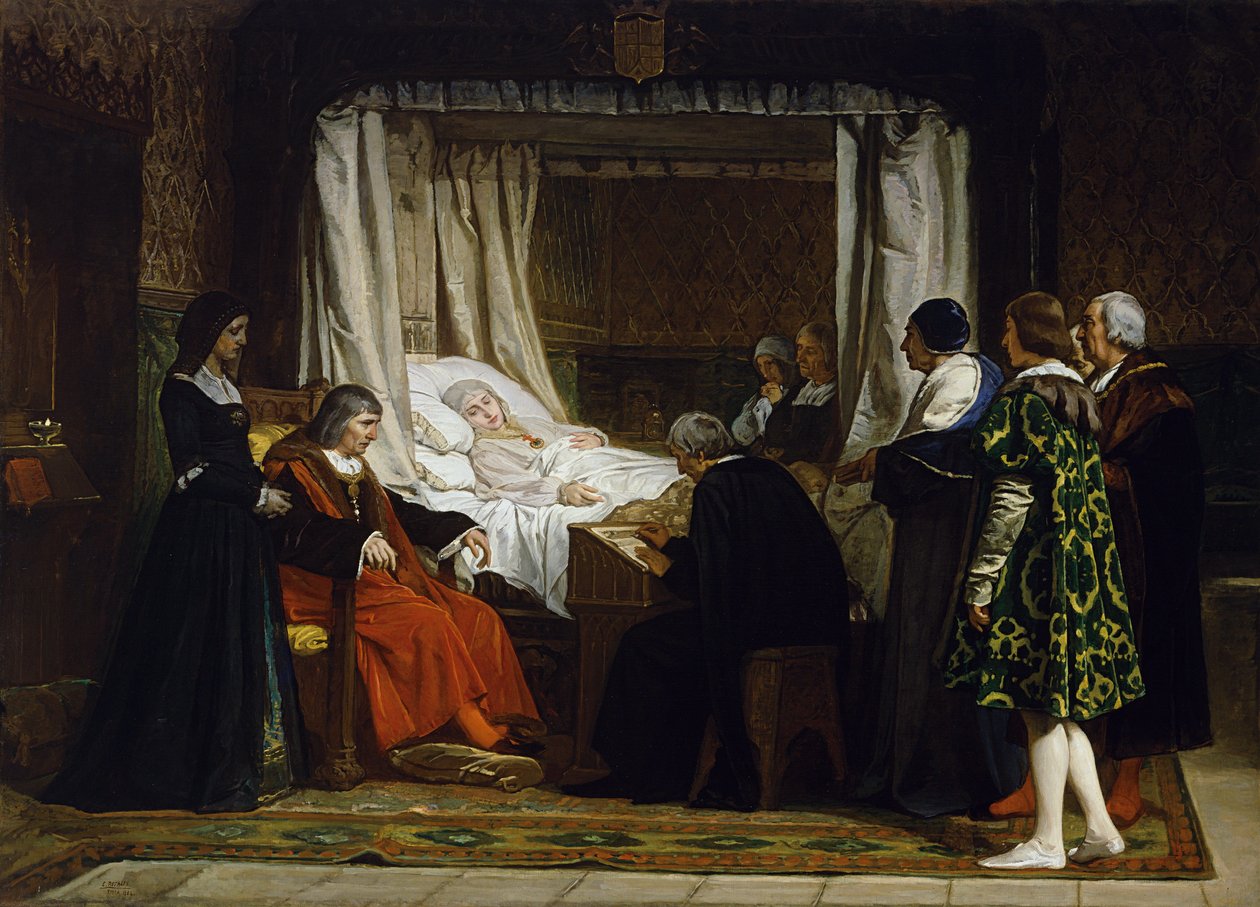 وصية ابن La Reine Isabelle la Catholique d'Atholique - الملكة إيزابيلا الأولى ملكة قشتالة تملي وصيتها الأخيرة - Peinture بواسطة Eduardo Rosales Gallina (1836-1873) - 1864 - زيت على قماش - 290 × 400 - متحف ديل برادو ، مدريد بواسطة إدواردو روزاليس