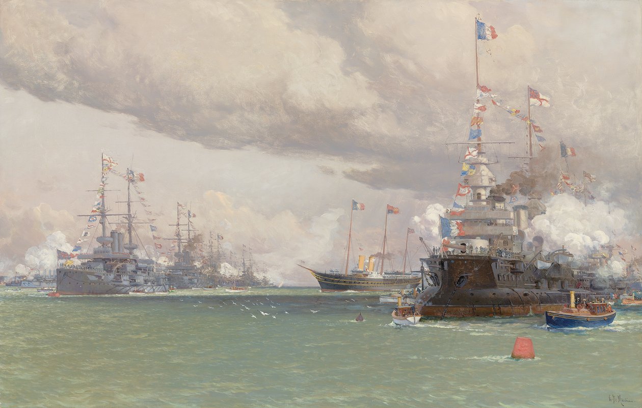 L "Entente Cordiale: The Royal Yacht Victoria & Albert III يستعرض الأسطول الأنجلو فرنسي في طريق كاوز ، 1905 بواسطة إدوارد دي مارتينو