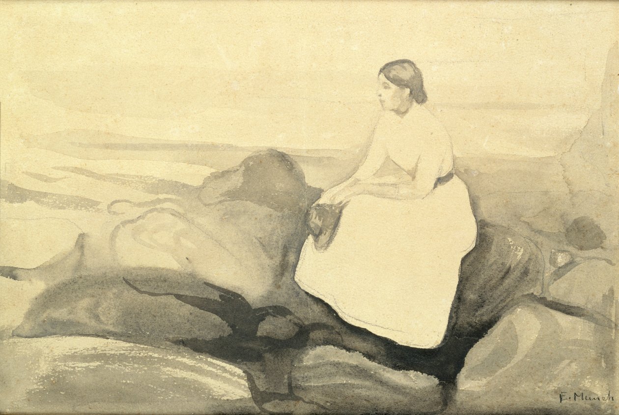 إنغر على الشاطئ ، c.1889 (مرحاض وقلم رصاص على ورق موضوع على البطاقة) (انظر 24717) بواسطة إدوارد مونش