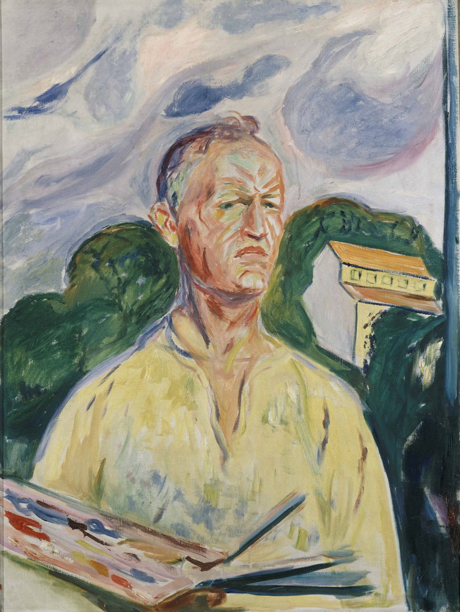 "" بورتريه ذاتي مع لوحة "(صورة شخصية مع لوحة) لوحة رسمها إدفارد مونش (1863-1944) مجموعة خاصة 1926 بواسطة إدوارد مونش
