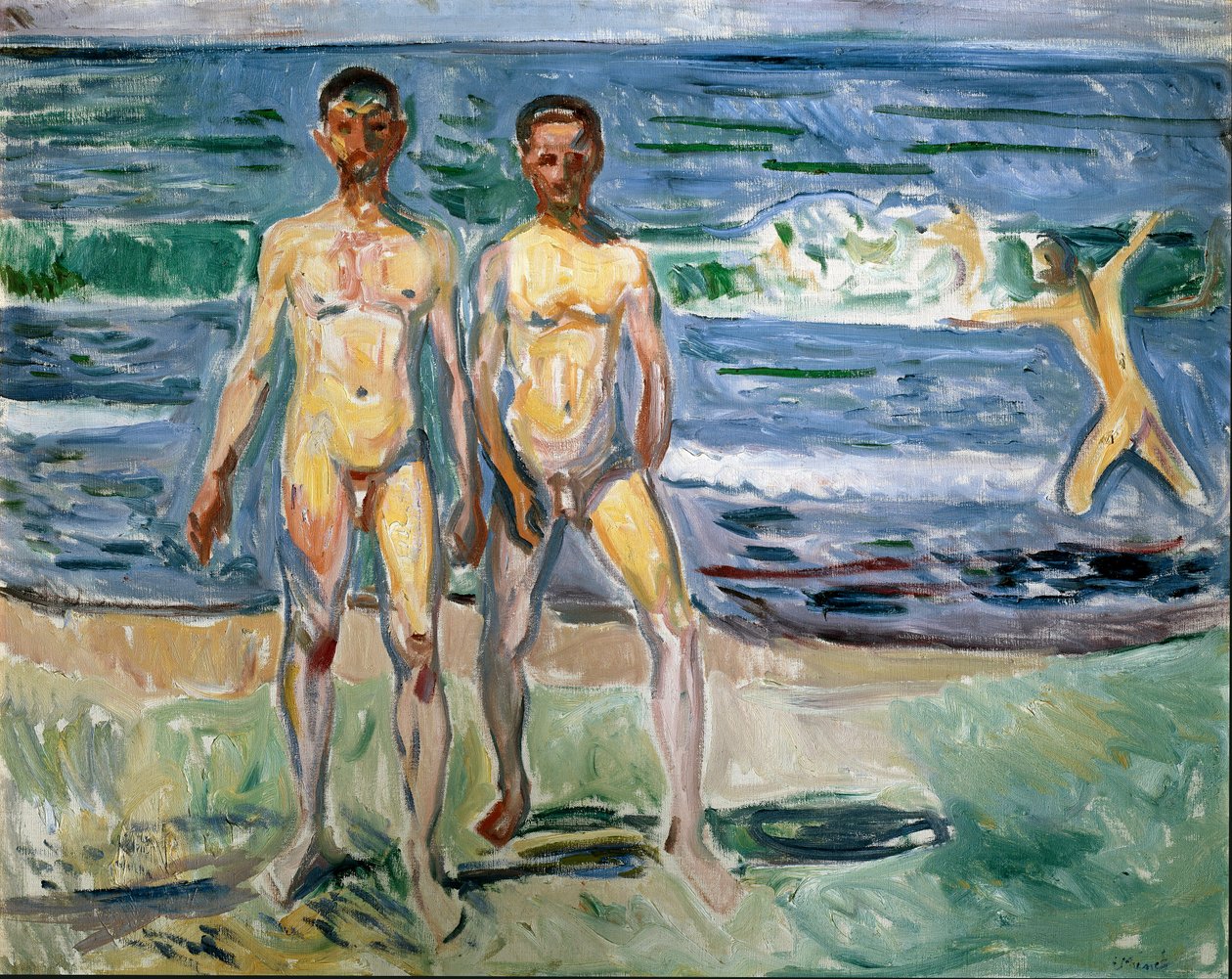 لوحة السباحون بواسطة إدوارد مونش (1863-1944) 1940-1942 صن. 149.5x120 سم فيينا ، متحف Kunsthistorisches ، معرض نو في دير ستالبرج بواسطة إدوارد مونش