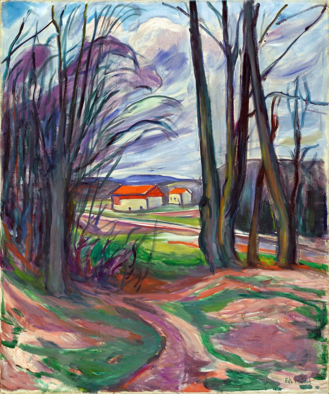 منظر طبيعي في سكوين (أوسلو ، النرويج). رسم إدوارد مونش (1863-1944) ، زيت على قماش ، حوالي عام 1920. الفن النرويجي ، القرن العشرين ، التعبيرية. مجموعة خاصة. بواسطة إدوارد مونش