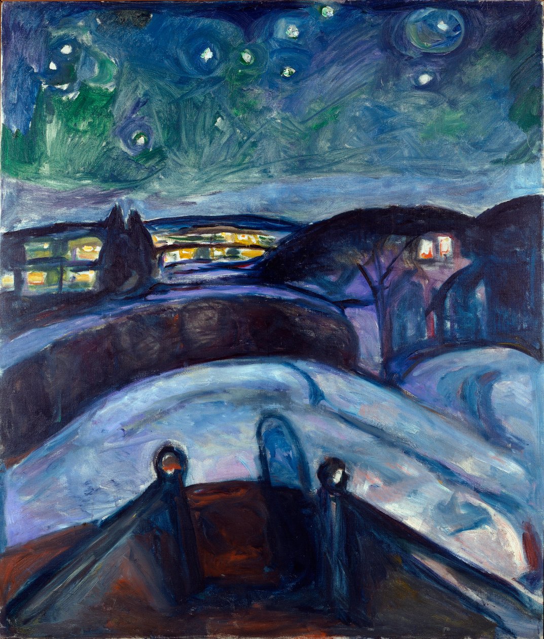 Star Night Night Landscape in Northern Europe. Painting by Edvard Munch (1863-1944) 1923-1924 Sun. 139x119 cm Oslo, Kommunes Kunstsamlinger Munch-Museet (Musee Munch) بواسطة إدوارد مونش