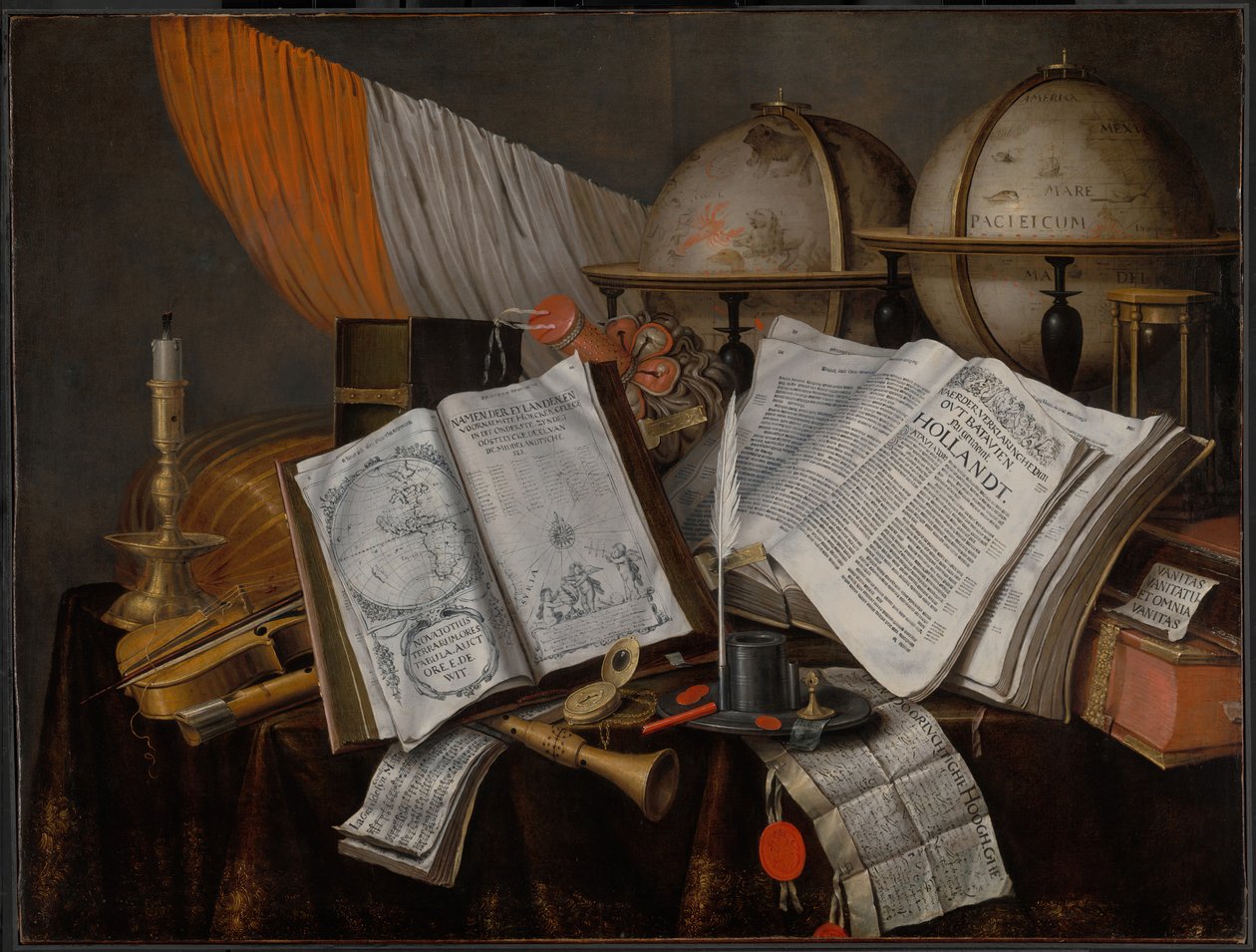 فانيتاس باقية مع علم ، شمعدان ، آلات موسيقية ، كتب ، أدوات كتابة ... بواسطة Edwaert Collier