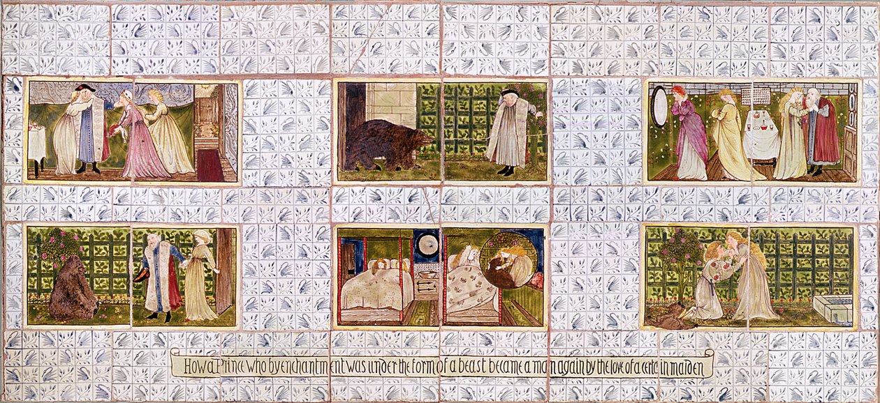 لوحة من البلاط تصور قصة الجمال والوحش من منزل بيركيت فوستر في ويتلي ، ساري ، c.1862 (سيراميك) بواسطة وليام موريس