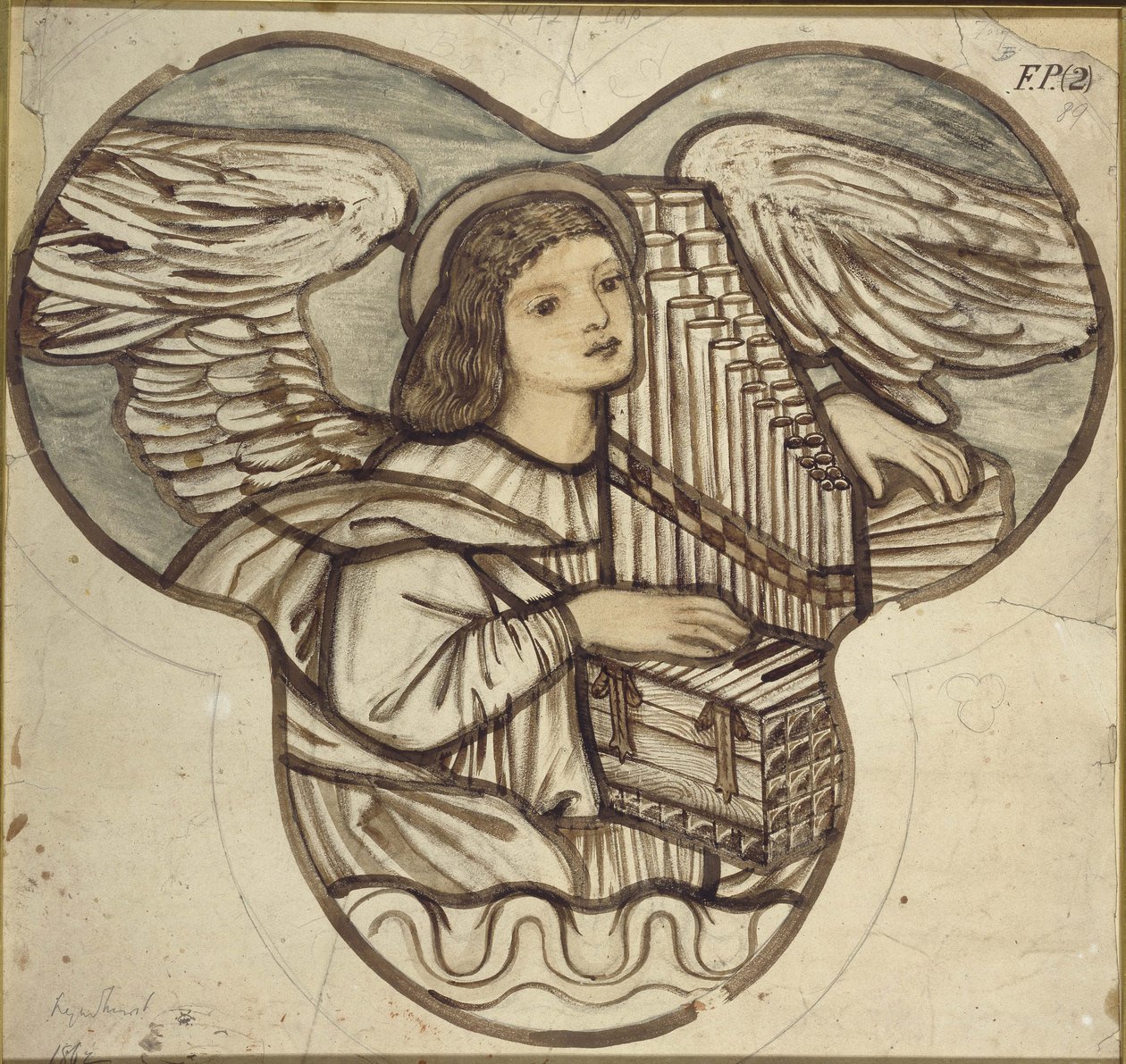 تصميم للزجاج المعشق في كنيسة ليندهرست: ملاك ملائكي ، 1886 (يغسل البني والأزرق فوق الجرافيت) بواسطة إدوارد بورن جونز