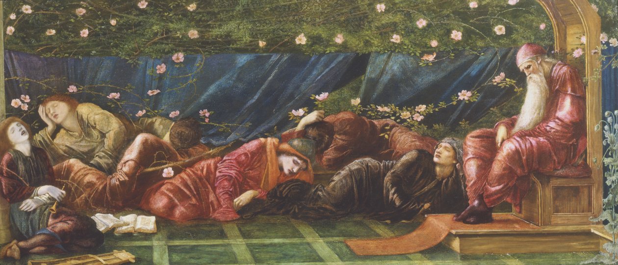 الملك والمحكمة ، رسم توضيحي من "أسطورة الورد البريار" 1871-1872 بواسطة إدوارد بورن جونز