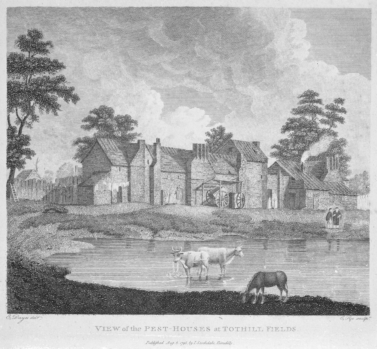 منظر لمنازل الآفات في حقول Tothill التي نقشها Charles Pye ، 1796 بواسطة إدوارد دايز
