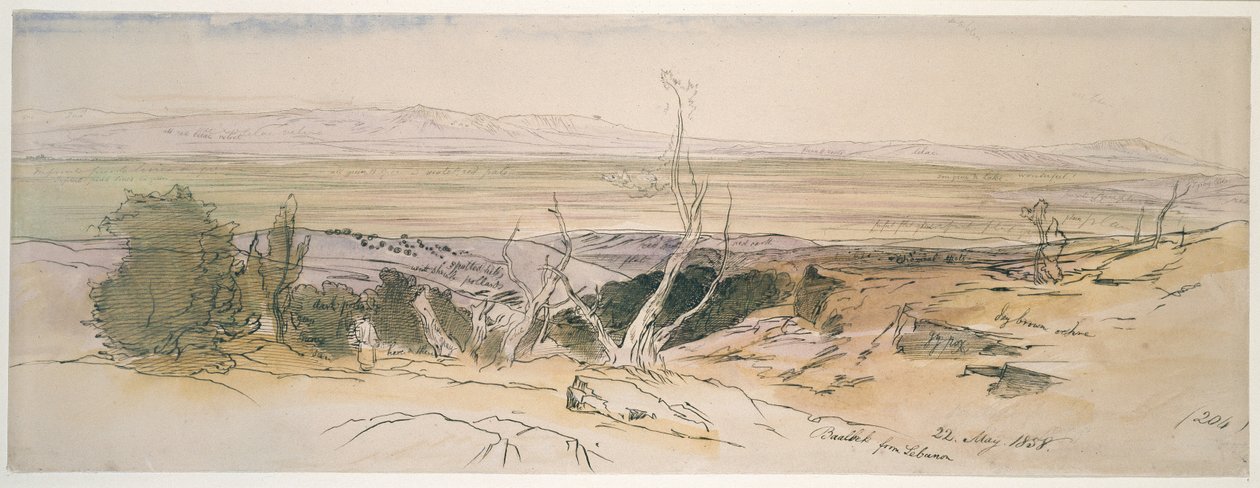 بعلبك من لبنان ، 1858 (ألوان مائية وقلم وحبر أسود مع مؤشرات جرافيتية) بواسطة إدوارد لير