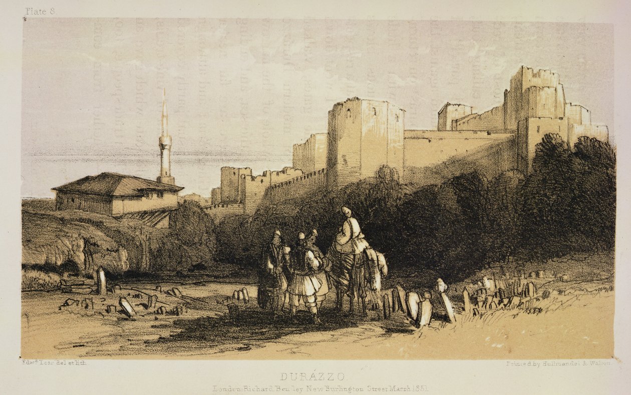 Durazzo ، من "مجلات رسام مناظر طبيعية في ألبانيا واليونان" ، نشر 1851 بواسطة إدوارد لير