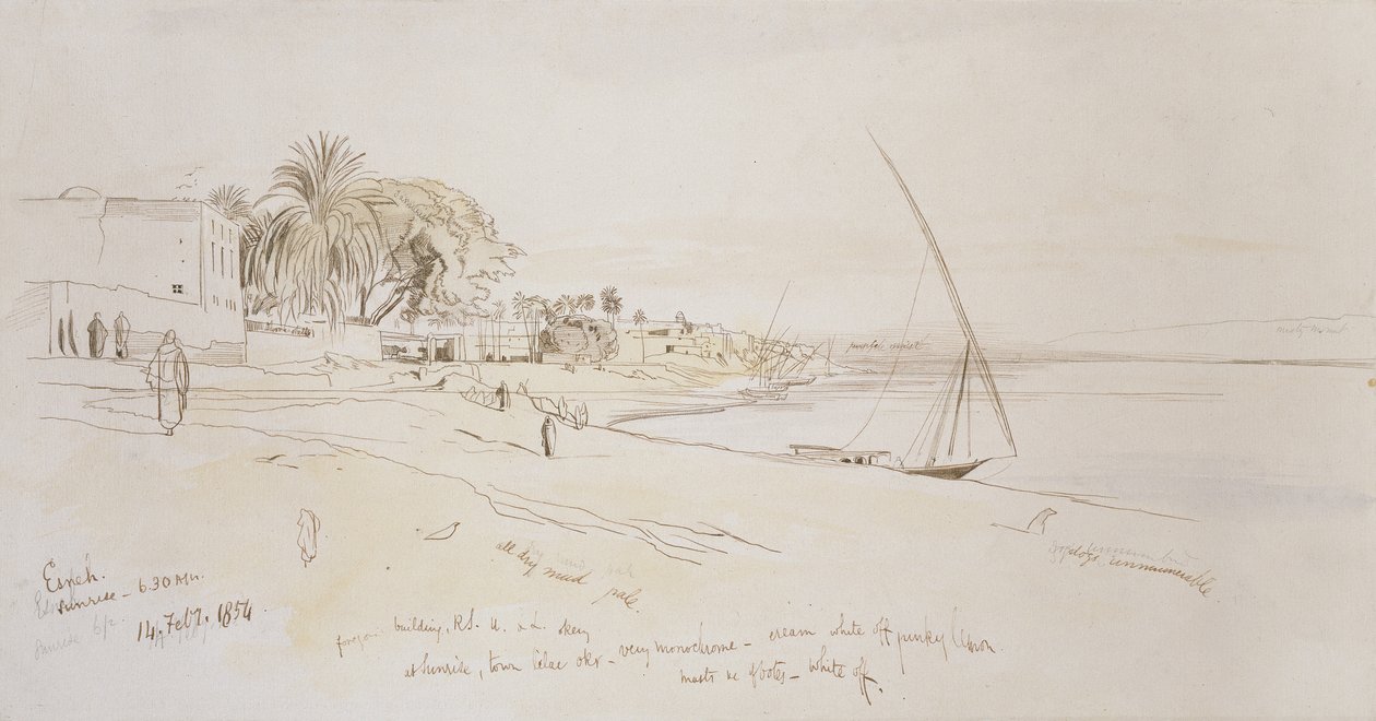 إسنة ، مصر ، 1854 (قلم وحبر بني مع رسم مائي فوق جرافيت على ورق أبيض عاجي) بواسطة إدوارد لير