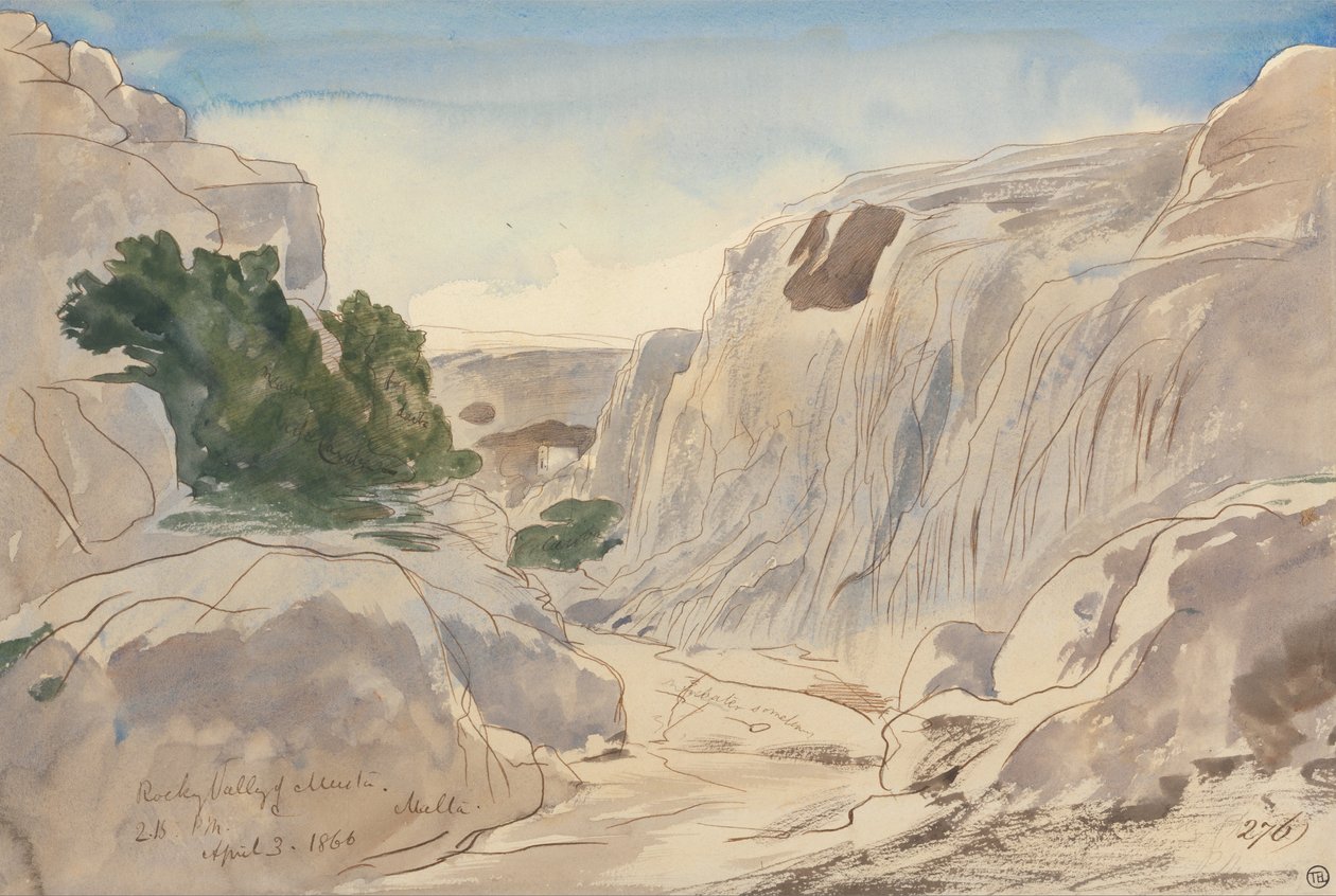 وادي روكي في موستا ، مالطا ، 2-15 مساءً (3 أبريل 1866) بواسطة إدوارد لير