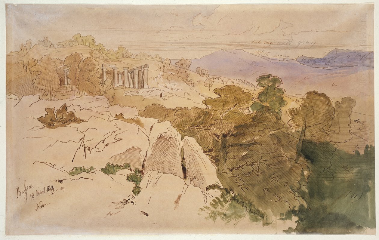 معبد أبولو في باساي ، اليونان ، 1849 (قلم وحبر بني مع ألوان مائية وطلاء زيت على ورق بني) بواسطة إدوارد لير