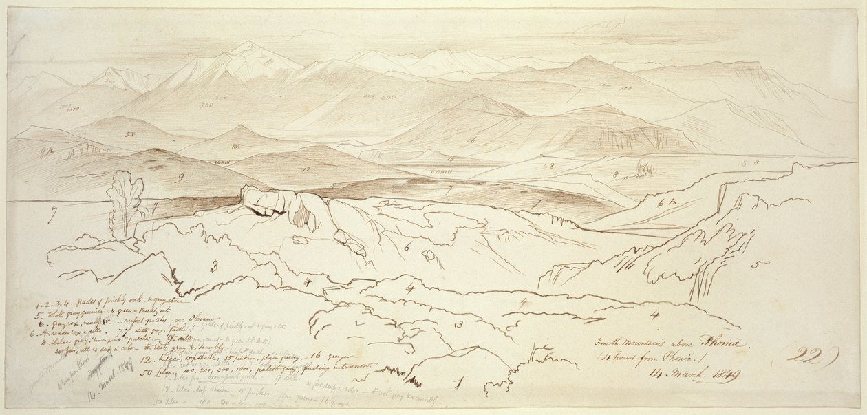 منظر من الجبال فوق فونيا ، 1849 (قلم وحبر بني مع جرافيت على ورق أبيض عاجي) بواسطة إدوارد لير