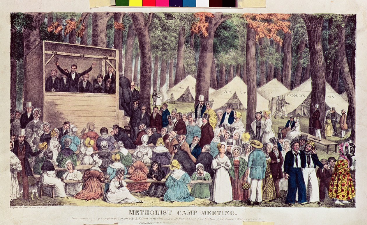 اجتماع المعسكر الميثودي ، نقش بواسطة هنري ر. روبنسون (fl.1833-51) 1836 بواسطة إدوارد ويليامز كلاي