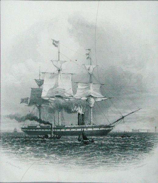 ليفربول - ميناء مغادرة "بريطانيا العظمى" في عام 1853 ، من "Cyclopaedia of Useful Arts & Manufactures" ، تم تحريره بواسطة Charles Tomlinson ، نقش بواسطة J. Bradshaw ، حوالي 1880 (نقش) بواسطة إدوارد (بعد) دنكان