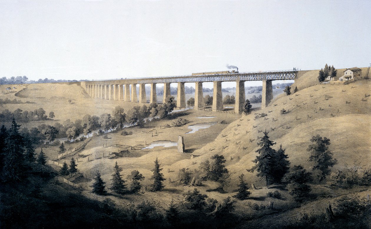 الجسر العالي بالقرب من فارمفيل ، مقاطعة الأمير إدوارد ، من "ألبوم فيرجينيا" ، 1858 بواسطة إدوارد باير
