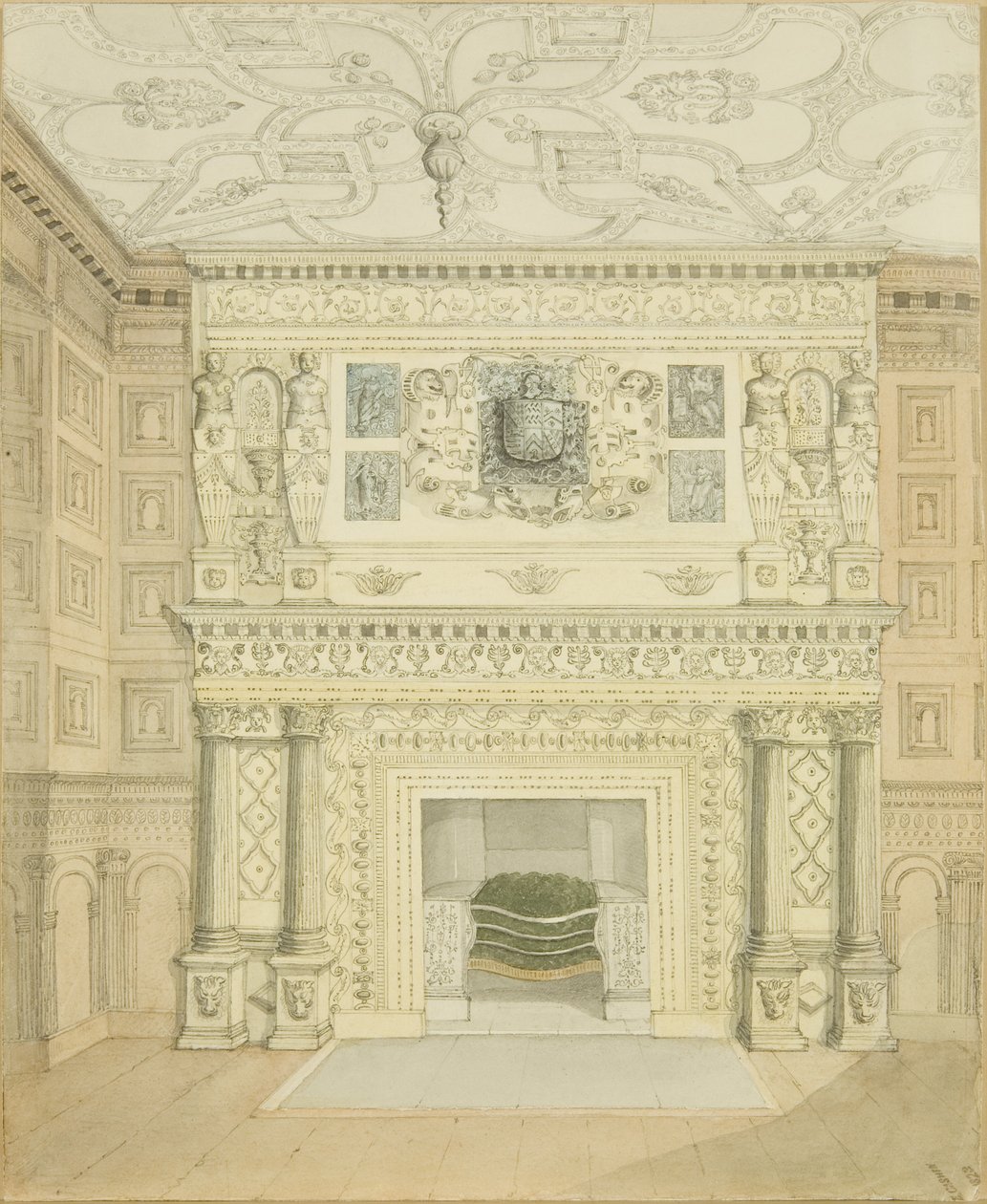 Chimneypiece ، Great Oak Room ، Red Lodge (قلم رصاص وألوان مائية على ورق) بواسطة إدوارد كاشين