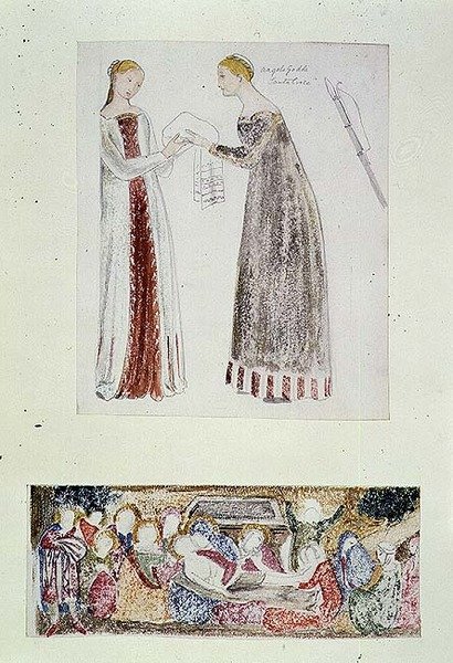 No.1084-f.10 (TtoB) خادمتان ، نسخة من ولادة ماري بقلم جيوفاني دا ميلانو من كنيسة رينوتشيني ، فلورنسا ؛ الرثاء (ألوان مائية ، قلم رصاص) بواسطة إدوارد كولي بورن جونز
