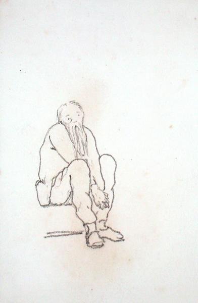 صورة شخصية للفنان ، جالسًا ويداه بين ركبتيه ، من ألبوم رسومات (قلم رصاص على ورق) بواسطة إدوارد كولي بورن جونز