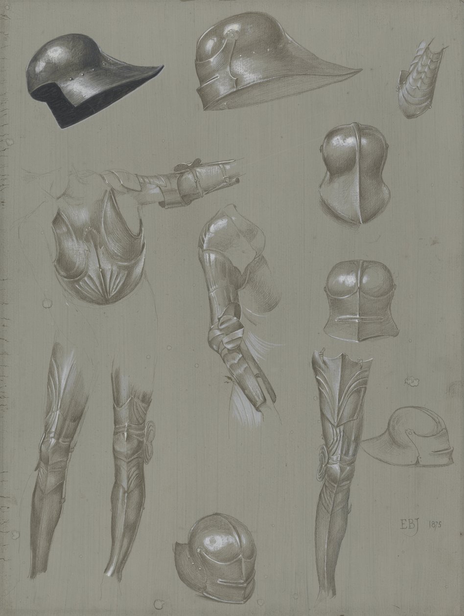 دراسات لبدلة درع ، 1875 (الجرافيت ، الغسل ، الحمام والجسم على الورق) بواسطة إدوارد بورن جونز