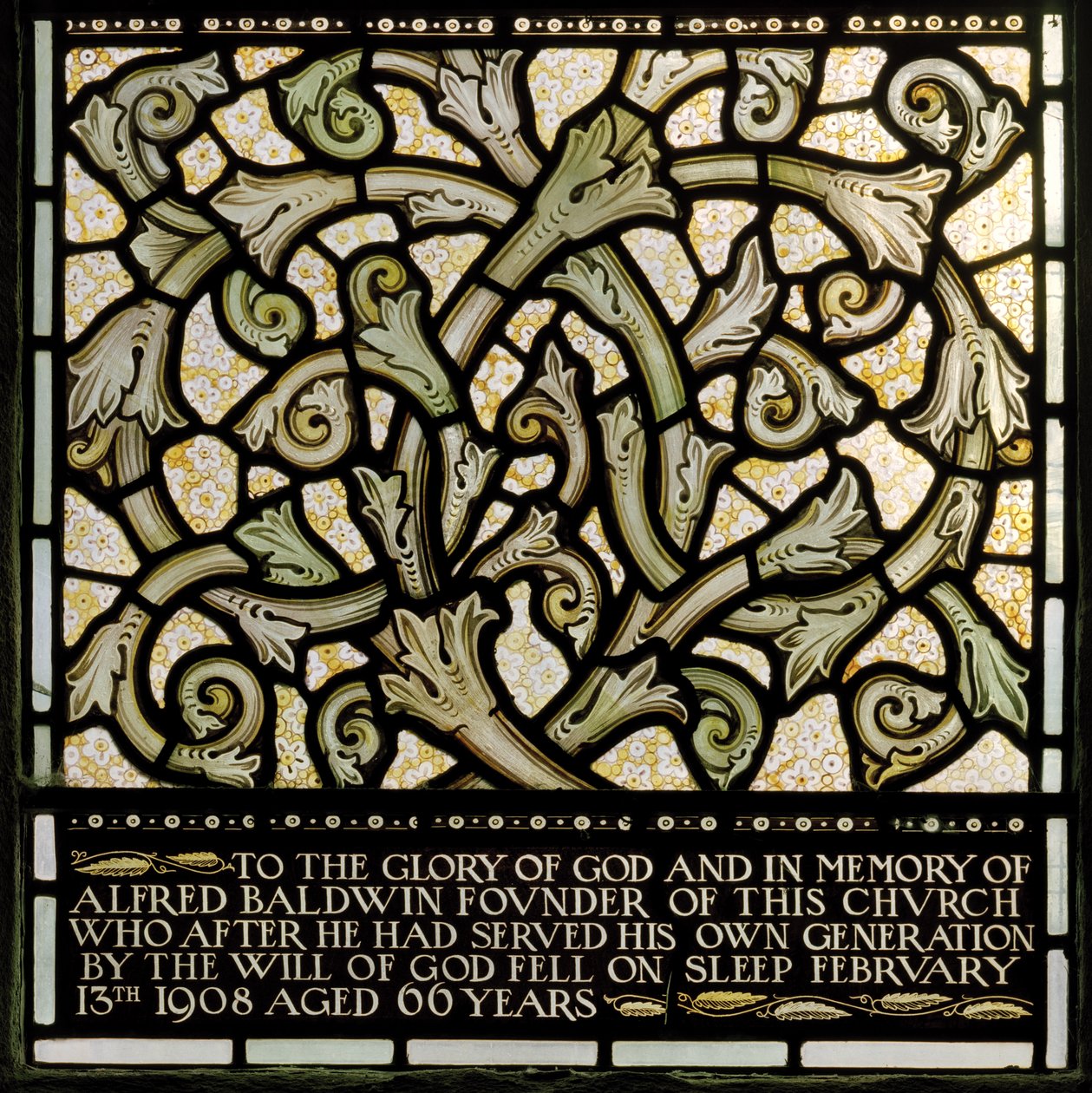 Wilden ، All Saints ، Morris & Co. ، Edward Burne-Jones ، John Henry Dearle (1859-1932) ، التفاني لألفريد بالدوين من نافذة جوشوا ، 1902-1914 ، لويزا ، بالدوينز ، رئيس الوزراء ، الميثودي ، وو بواسطة إدوارد كولي وديلي بيرن جونز