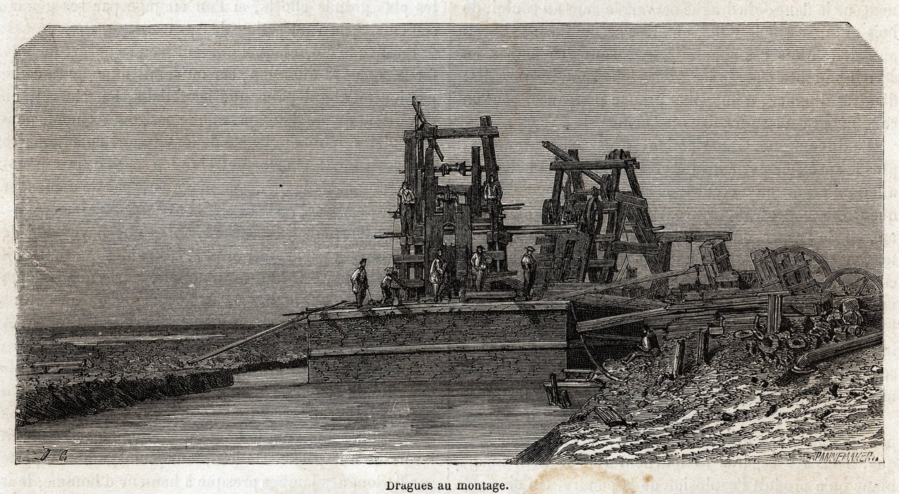 جرافات على قناة السويس رسمها جرينت لتوضيح رحلة بول ميروو إلى قناة السويس عام 1862. نقش في "" Le Tour du monde "، تحرير إدوارد شارتون بواسطة إدوارد جرينيت