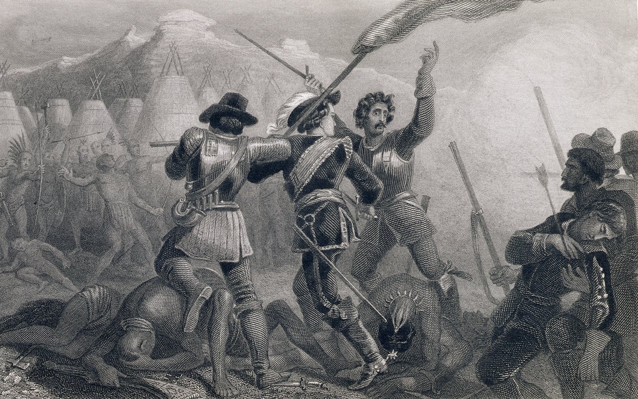 حرب بيكود ، 1636 ، من "تاريخ الولايات المتحدة" ، المجلد. أنا ، بواسطة تشارلز ماكاي ، منقوش بواسطة جيمس تشارلز جيميتاج (1820-97) بواسطة إدوارد هنري كوربولد