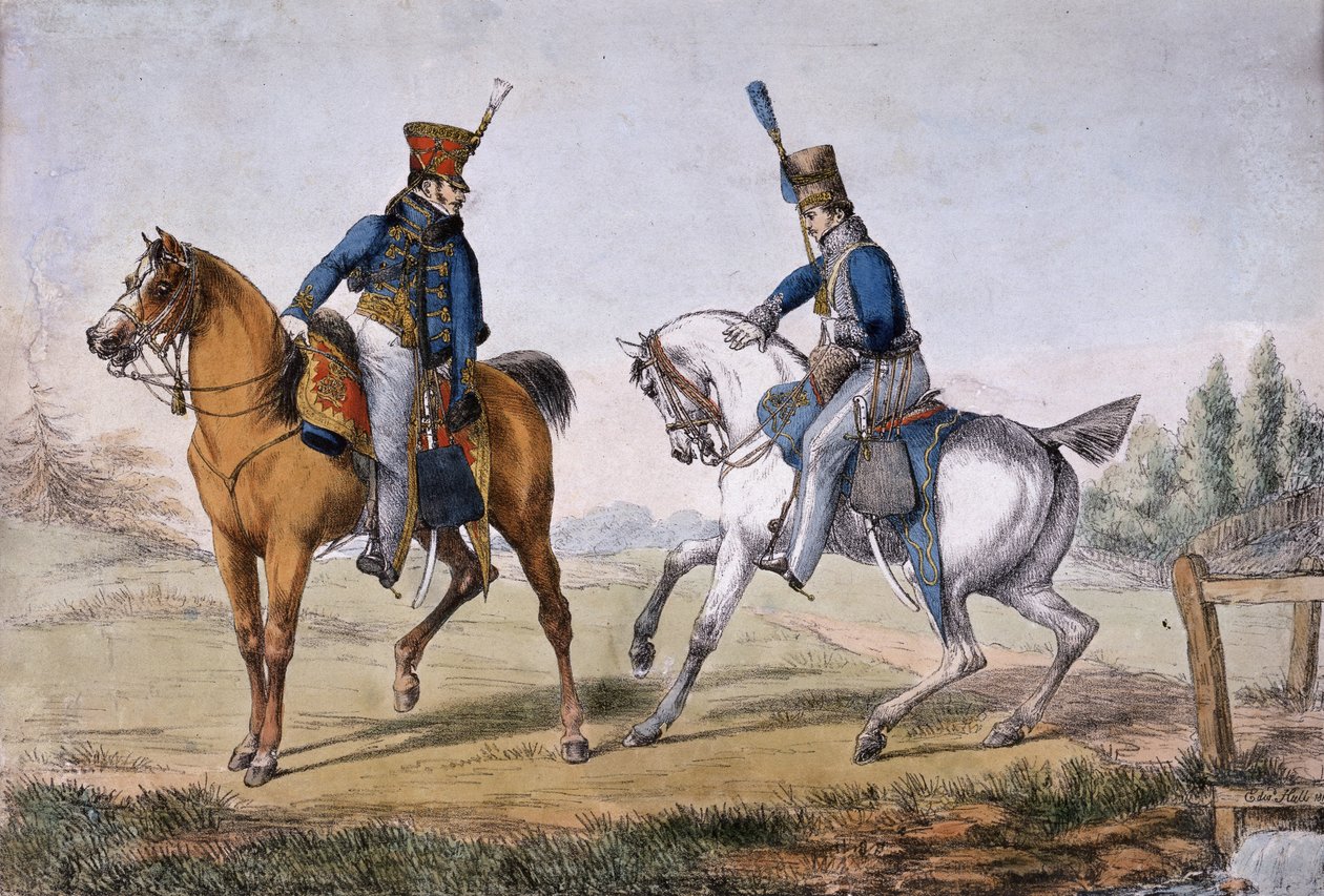 ضباط الفرسان العاشر والسابع عشر ، نشرتها مطبعة أكرمان الحجرية ، 1819 (ليثو ملون) بواسطة إدوارد هال