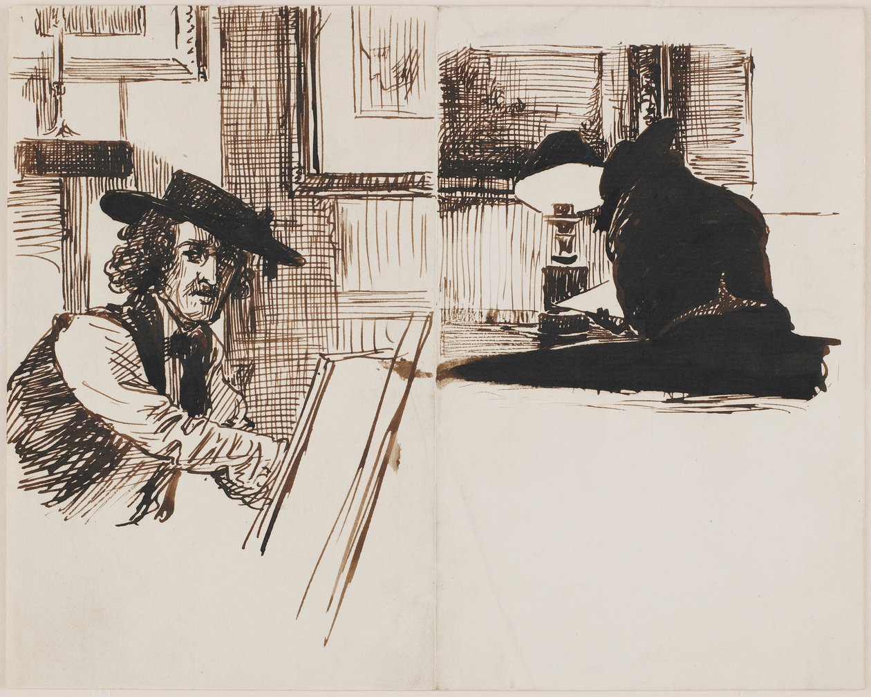ويسلر يرسم بوينتر ، منظر خلفي لرجل جالس على طاولة بالقرب من مصباح مضاء ، 1860. بواسطة إدوارد جون بوينتر
